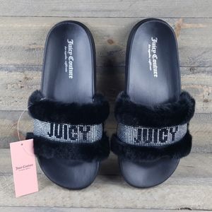 NEW Juicy Couture Faux Fur Slippers w/ Rhinestones
